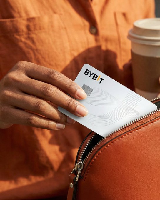 The image shows a person's hand holding a white credit card with "Bybit" written on it, which is inserted into an open brown purse. The text "Some cards just fit #Bybit" is also present in the image. This suggests that the person might be discussing or referring to this specific credit card brand or model.
