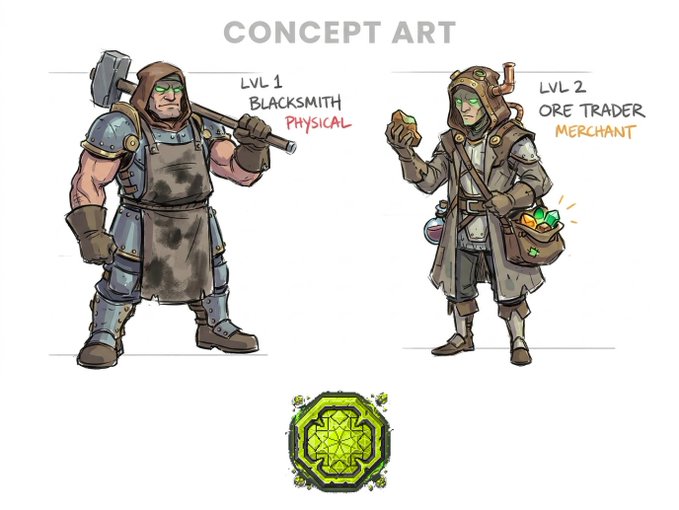Concept art titled 'CONCEPT ART' showing two character designs: 'LVL 1 BLACKSMITH - PHYSICAL' wielding a hammer and 'LVL 2 ORE TRADER - MERCHANT' holding a gem, with a green gem icon at the bottom.