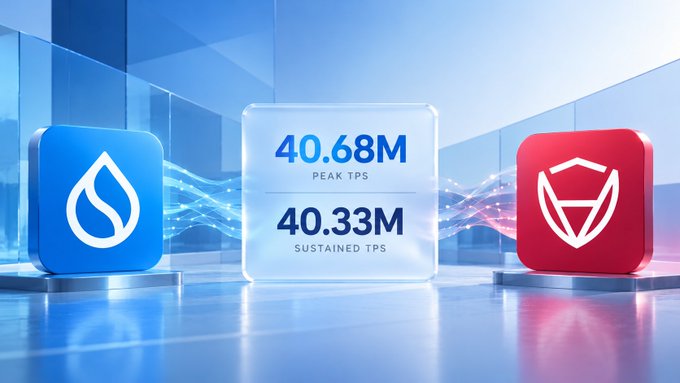 A digital graphic displaying transaction performance metrics: a blue Sui logo block, a central transparent panel showing '40.68M PEAK TPS' and '40.33M SUSTAINED TPS', and a red shield logo block, all connected by flowing digital waves.