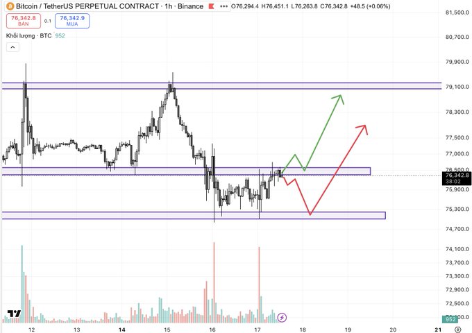 A Bitcoin/TetherUS perpetual contract 1-hour chart on Binance showing BTC at $76,342.8, with green and red arrows indicating potential bullish and bearish price movements between support and resistance zones.