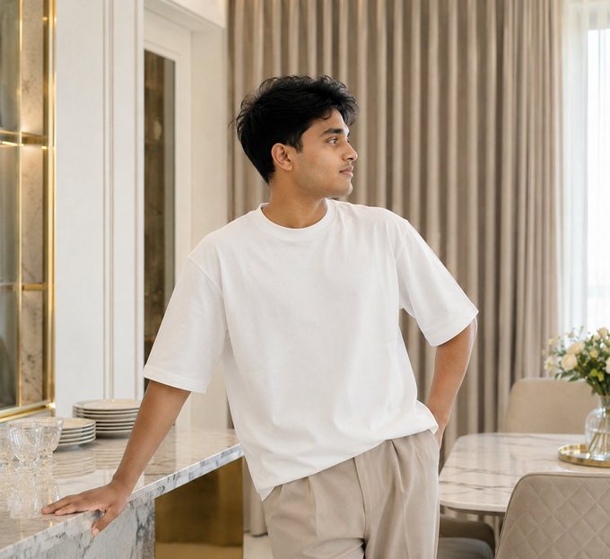 A young man with dark hair wearing an oversized white t-shirt stands in an elegant room with marble surfaces, beige curtains, and a vase of flowers, looking off to the side.