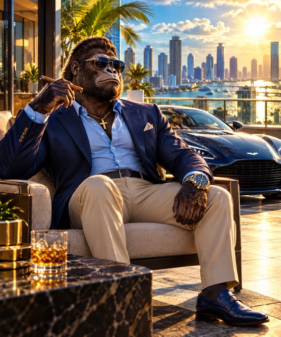 An AI-generated image depicts a chimpanzee dressed in a blue blazer and khaki pants, holding a cigar, seated on a terrace with a luxury car and city skyline in the background.
