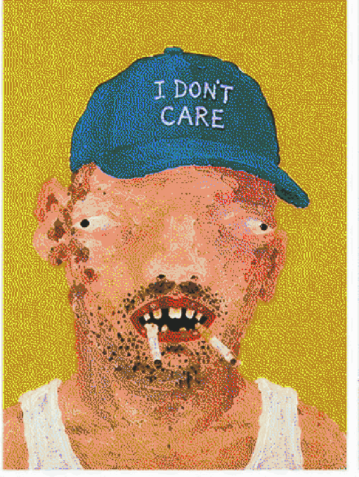 The image features a portrait of a man with an unusual look, giving him a "ugly" appearance. It appears he has been smoking two cigarettes while posing for this photo. The background of the image is yellow. On the same page as the illustration or photograph, there is text that reads, "I DON'T CARE". The post seems to be promoting something related to self-consciousness and vanity, but it doesn't provide enough context for a precise description.