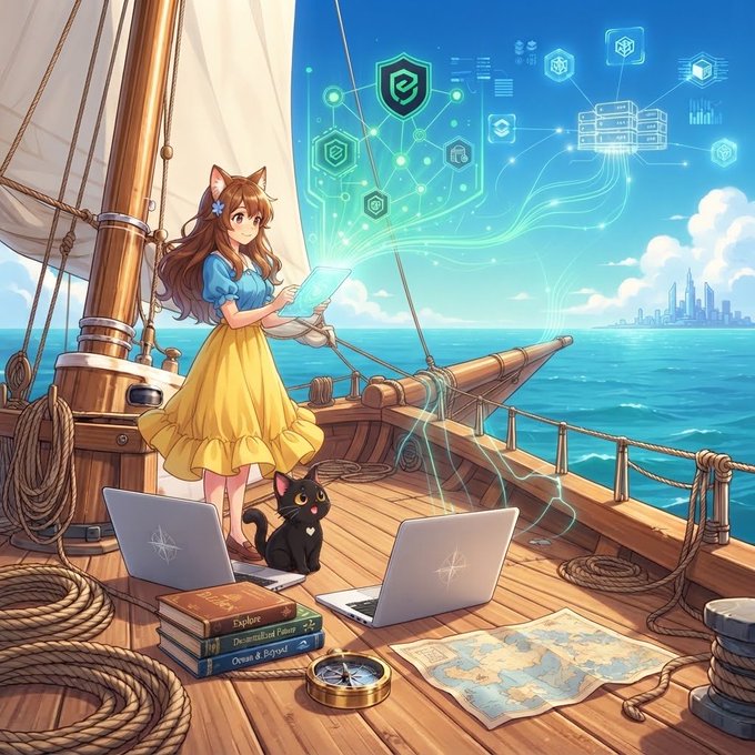 An anime-style illustration of a girl with cat ears wearing a yellow dress and using a tablet on a boat, with a black cat, laptops, and books nearby, while holographic digital icons and a futuristic city appear over the ocean.