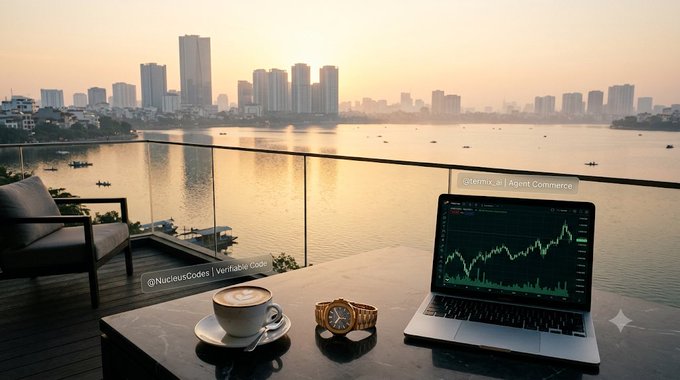 A scenic view of a waterfront city skyline at sunset, with a laptop displaying an 'AI Agent Commerce' chart, a coffee cup, and a gold watch on a wooden table in the foreground.