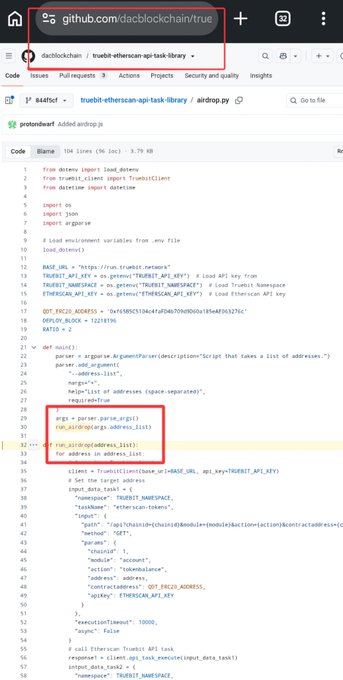 Screenshot of a GitHub repository at github.com/dacblockchain/truebit-etherscan-api-task-library showing an airdrop.py Python script that uses Truebit API and Etherscan to verify wallet addresses and calculate token allocations based on TRU5BIT_NAMEPACE parameters like address, account, challenge, and chainId.