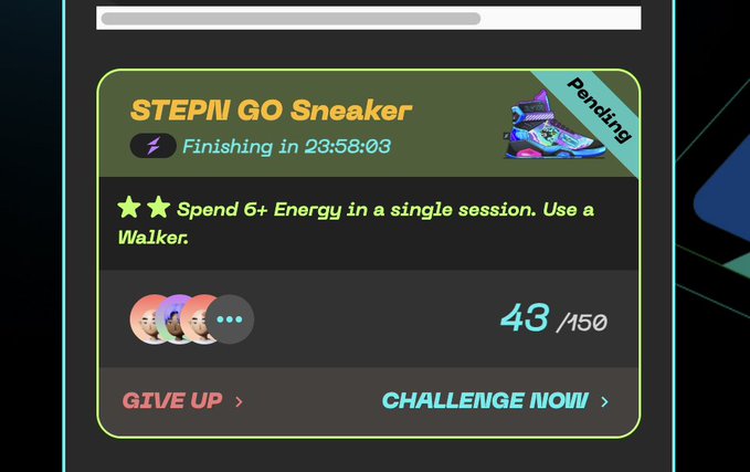 The image features a screen of a Stepn Go Sneaker game, with a scorecard visible at the bottom. The Score card shows that one player has already completed the challenge (with a score of 4 out of 5) and another player is yet to start (with no scores). A task on the screen requires burning 6 energy in a single session using a walker. This means that players have just started their turn, while others who have already completed this round continue with theirs. The game appears to be quite popular among users, as it has been live for several days.