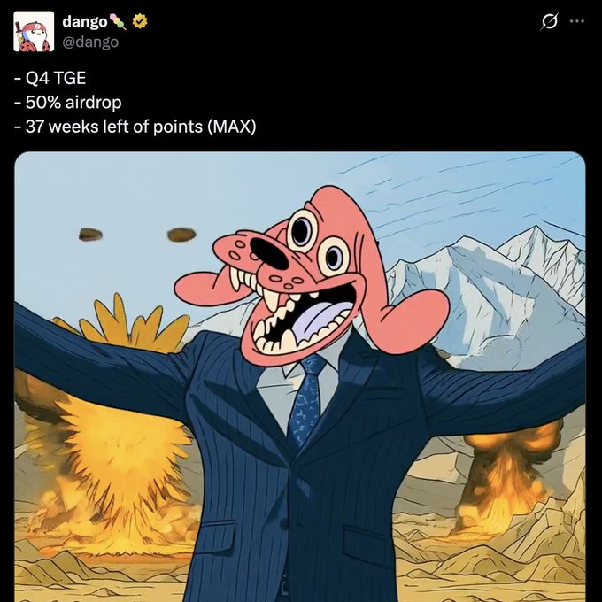 The image shows a tweet from @dango about "Q4 TGE," "50% airdrop," and "37 weeks left of points (MAX)," featuring a panicked cartoon character in a suit amid explosions and a barren landscape—visually depicting the chaotic collapse implied by the post's text about a crypto project's rise and shutdown cycle.