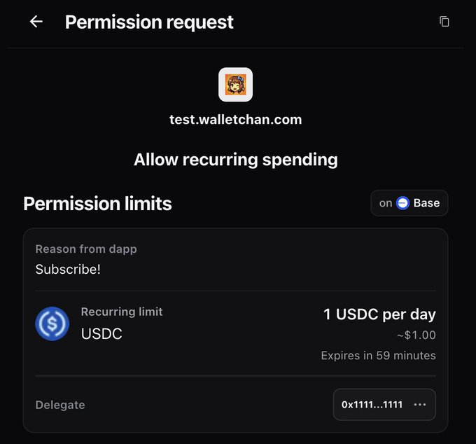 A mobile screen displays a permission request from "test.walletchan.com" to "Allow recurring spending," with a recurring limit of "1 USDC per day" (~$1.00) expiring in 59 minutes on the Base network. This illustrates ERC-7715, a standard enabling dapps to request recurring spending permissions from users' wallets.