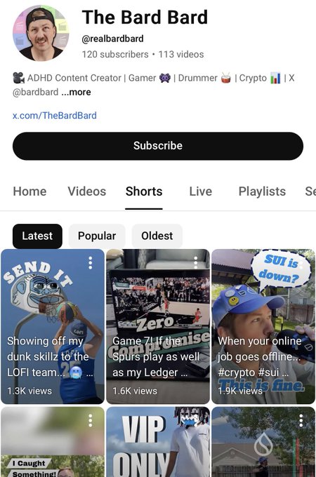 The image shows a social media app with a post from The Bard Bard, who has gained popularity by sharing his videos online. The post features several clips of himself playing basketball, as well as other interesting content related to the sport. The post also includes a link to a video about Sui gaining more traction outside CT and encourages viewers to share it on social media platforms like YouTube or Instagram.
