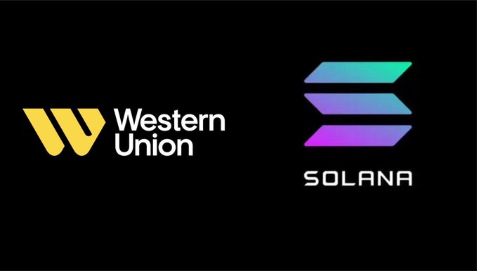 The image displays the Western Union logo on the left alongside the Solana logo on the right, both set against a black background. This visual pairing illustrates the partnership between the traditional money transfer giant and the blockchain platform, highlighting their collaboration to enable stablecoin spending at over 150 million Visa merchants worldwide.