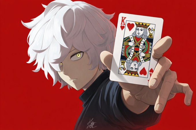 The image features an anime character holding up a playing card that has a King of hearts on it. The character appears to be a young man with white hair and green eyes, dressed in black clothing. The background color of the image is red, which contrasts with the white hair of the character. The post also includes text that reads "Feeling genuinely empowered in my digital world: @quipnetwork & @TheARCTERMINAL is a beautiful step toward a more sovereign future - #postquake".