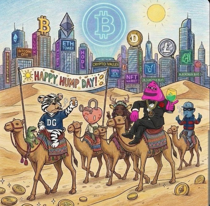 A colorful cartoon illustration of cryptocurrency characters riding camels through a desert toward 'Crypto Valley', featuring a 'Happy Hump Day!' banner and logos for Bitcoin, Ethereum, Doge, and others.
