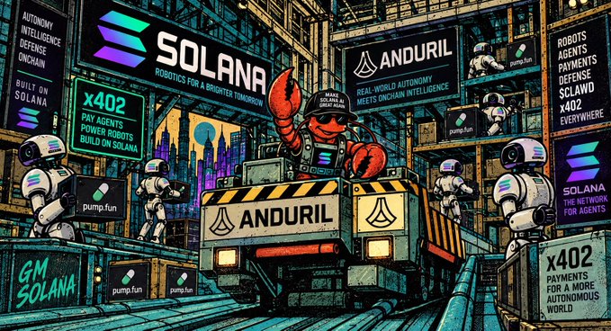 A colorful digital artwork featuring Solana branding, pump.fun logos, an Anduril autonomous robot lobster on a vehicle, and various promotional text for 'x402' and GM Solana.