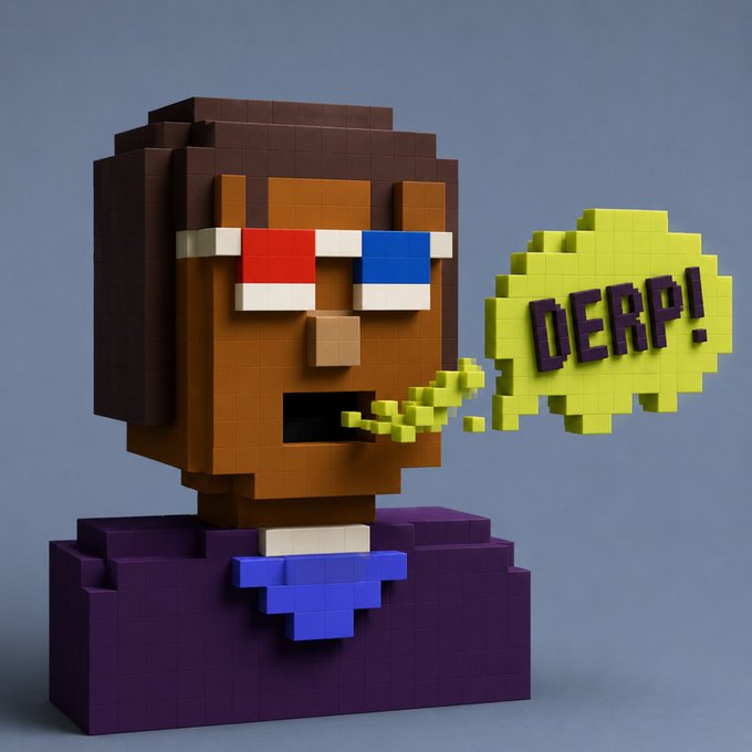 A voxel-style figure with mismatched red and blue pixelated eyes exhales a green breath bubble reading "DERP!" in purple text. The image playfully reinforces the post's reference to "$DERP" while its unhinged red-and-blue-eyed stare and green "stonk" vapor visually echo the trader hype around "clocking in" for the next leg up.