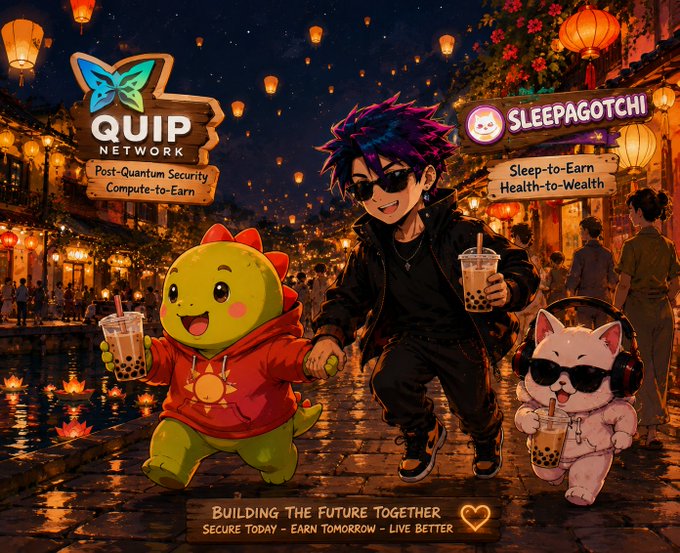 A promotional anime-style illustration featuring a character with purple hair between a green dinosaur mascot (QUIP Network) and a cat (SLEEPAGOTCHI) holding bubble tea, with text 'Building the Future Together' and slogans about post-quantum security and sleep-to-earn.