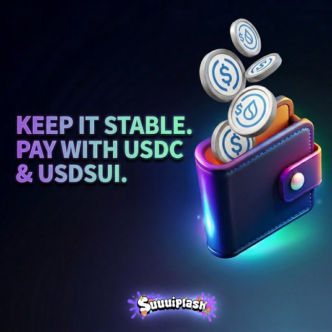 The image features a purple wallet with a black handle, filled with coins that are white and blue. The wallet has a zipper closure and appears to be made of leather material. Below the wallet, there's text written in purple and green colors, which reads "Keep it stable. Pay with USDC & USDsui." This message is accompanied by an image of the wallet on top of a black background.