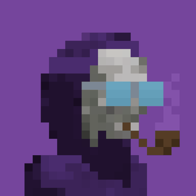 A pixel art illustration depicting a hooded, grim reaper-like figure with a skull face and glowing blue eyes against a purple background.