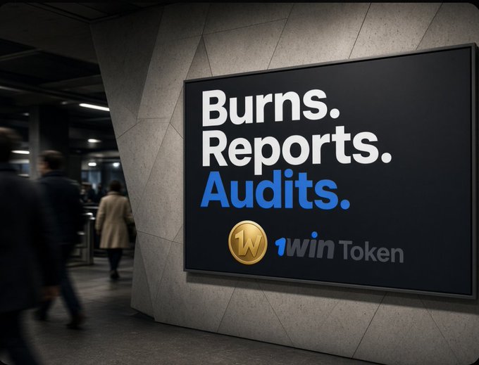A digital billboard in a modern indoor space displaying 'Burns. Reports. Audits.' in white and blue text, accompanied by a gold '1W' coin logo and '1win Token'.