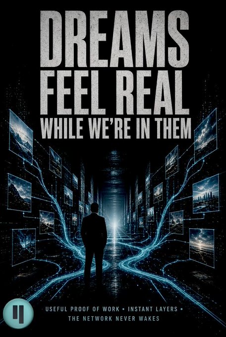 A dark, futuristic poster reading 'DREAMS FEEL REAL WHILE WE'RE IN THEM' with a figure facing screens displaying landscapes, tagged 'USEFUL PROOF OF WORK • INSTANT LAYERS • THE NETWORK NEVER WAKES'.