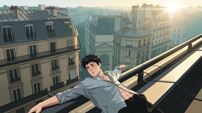 An anime-style illustration shows a dark-haired man in a partially unbuttoned white shirt leaning against a balcony railing, overlooking a sunlit cityscape with classic European architecture.