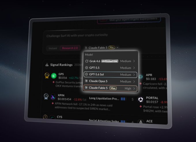 A digital interface showing a 'Claude Fable 5' AI model selection menu with options like Grok 4.6, GPT-5.5, and Claude Opus 5, alongside crypto signal rankings for GPS and XPIN.