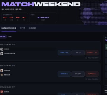 A dark-themed MATCHWEEKEND website showing match schedules with team names, kickoff times around 19:30, and betting odds displayed for various fixtures.