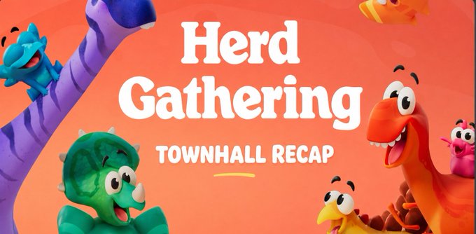 A colorful banner featuring cartoon dinosaurs reads "Herd Gathering: Townhall Recap," promoting a Claynosaurz community update. The image ties to a post recapping their latest town hall, which covers behind-the-scenes developments including a Prime Video deal, $HEEBOO token launch, and company equity details.