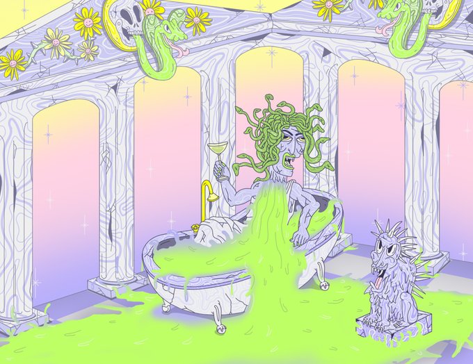 A digital illustration of a Medusa figure sitting in a bathtub overflowing with glowing green slime, holding a martini glass in a surreal bathroom setting.
