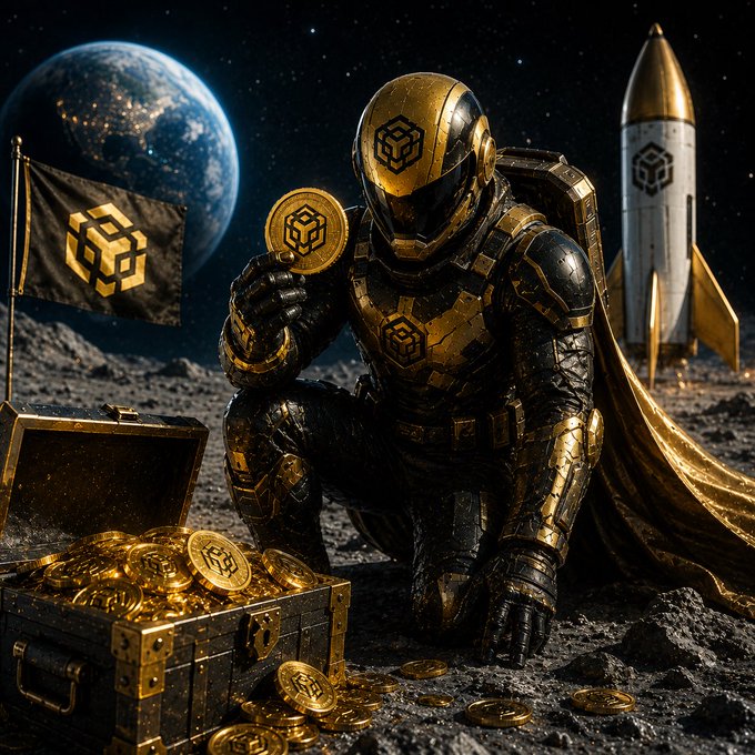 An armored space explorer in gold and black BNB-themed gear kneels on a lunar landscape, holding a BNB-emblazoned coin next to an overflowing treasure chest of similar coins, with Earth, a rocket, and a BNB flag in the background—visually capturing the post's message of seizing Captain BNB before it's too late.