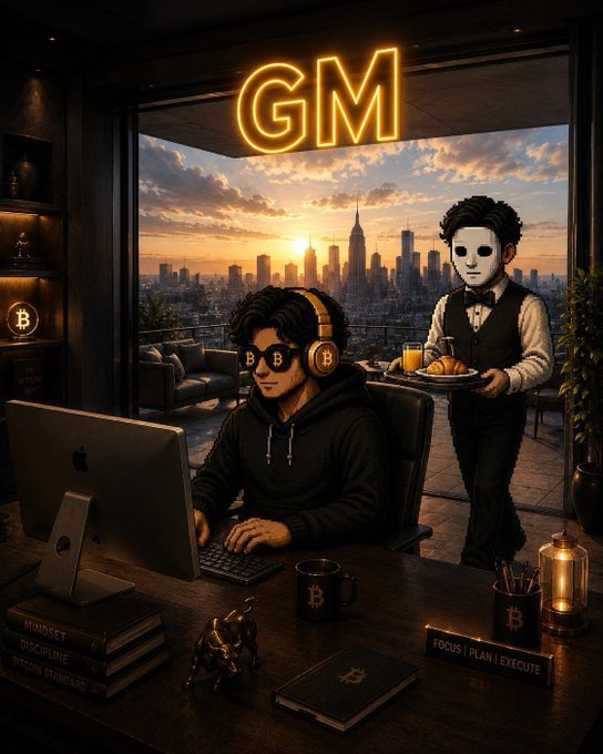 A digital illustration depicts a young man wearing Bitcoin-themed headphones and sunglasses working on an Apple computer, with a masked butler serving breakfast in a luxurious penthouse overlooking a city skyline, featuring a neon 'GM' sign.