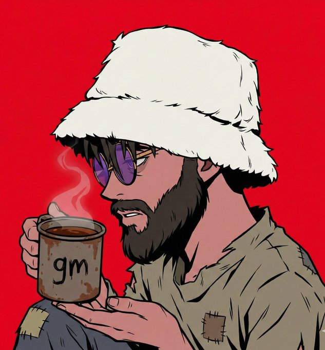 A cartoon-style illustration of a bearded man wearing a white furry hat and purple sunglasses, sipping hot coffee from a metal mug labeled "gm" against a bold red background—perfectly matching the post's cheerful "gm, happy Tuesday" greeting.