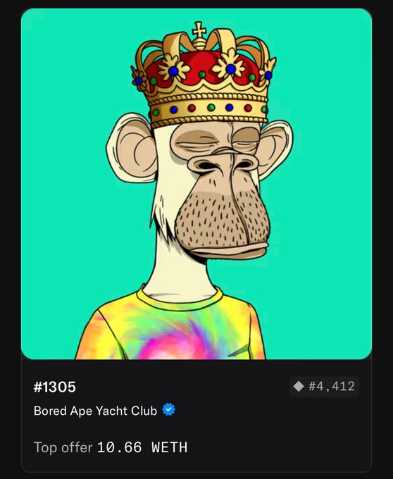 The image features a cartoon monkey wearing a crown and tie-dye shirt with the number 1305 displayed at the bottom of the screen, along with an offer for a Top Offer of 10,86 WETH. The caption reads "Not for sale Keep your offers, this ape stays right where it belongs Top offer could be 100 WETH and the answer is still no".