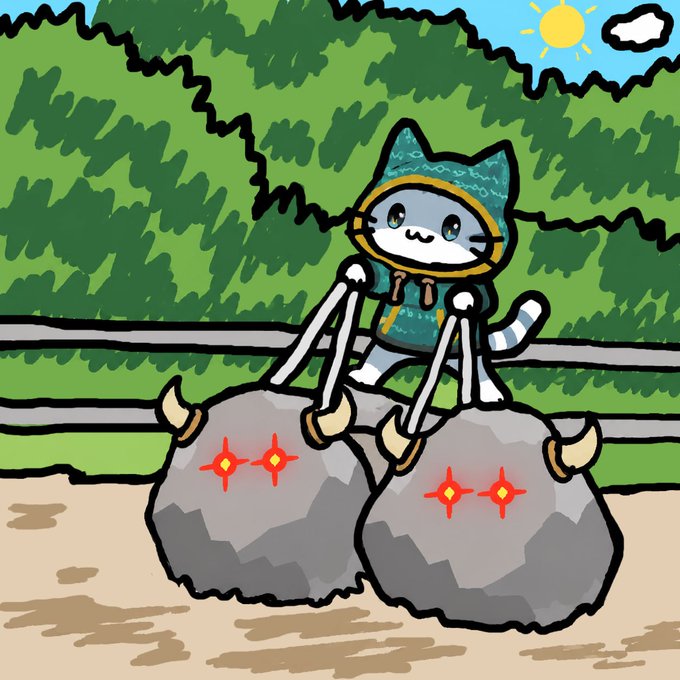 A cartoon illustration of a cat wearing a blue knit hood with a pattern and a matching sweater, riding on top of two large gray boulders with glowing red eyes, set against a background of green trees and a sunny sky.