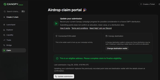 A dark-themed web interface for a 'Canopy present' 'Airdrop claim portal' showing an 'Update your submission' panel with connected EVM wallet and Canopy destination wallet fields.
