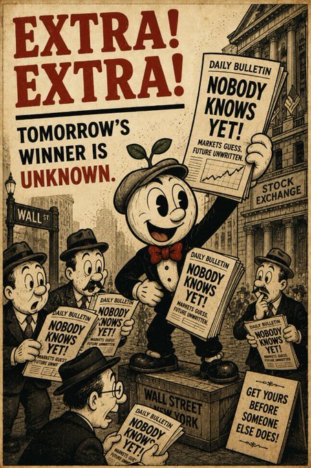 A vintage-style poster featuring a cartoon character selling 'Daily Bulletin' newspapers with headlines 'NOBODY KNOWS YET!' and 'EXTRA! EXTRA! TOMORROW'S WINNER IS UNKNOWN.'