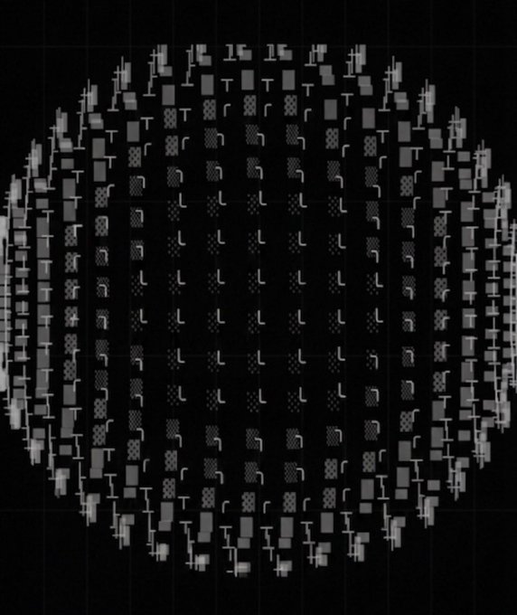 A pixelated circular pattern on a black background with the text 'CONTRACT' repeated, forming a spherical design.