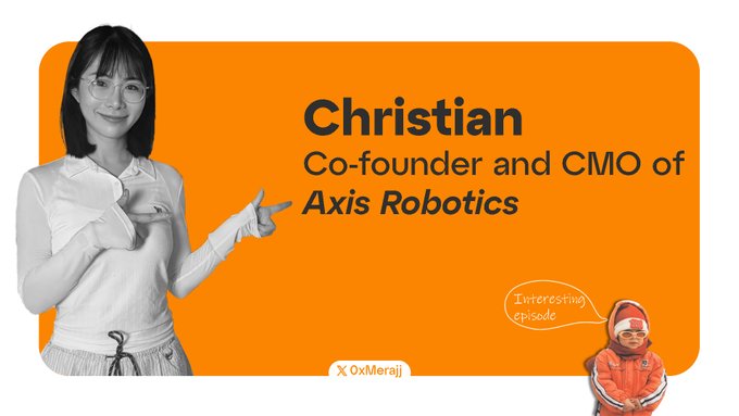 Orange podcast graphic for OxMeraki introducing 'Christian, Co-founder and CMO of Axis Robotics', featuring a pointing woman in a white shirt.