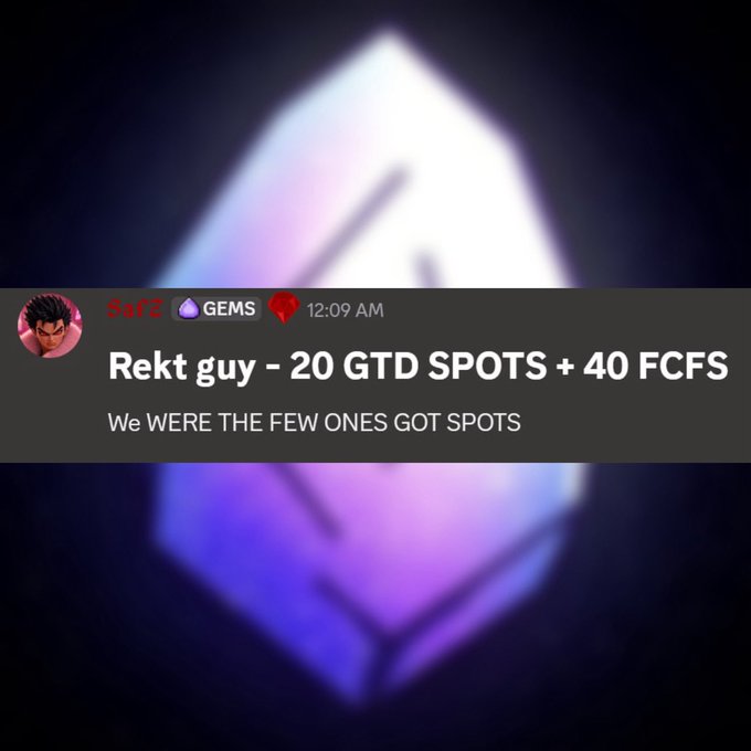 A Discord message from "Rekt guy" with GEMS badge reads "Rekt guy - 20 GTD SPOTS + 40 FCFS - We WERE THE FEW ONES GOT SPOTS," illustrating the post's claim about top NFT collections (like Rekt) allocating exclusive spots to @0xAlphaGEMs community members.