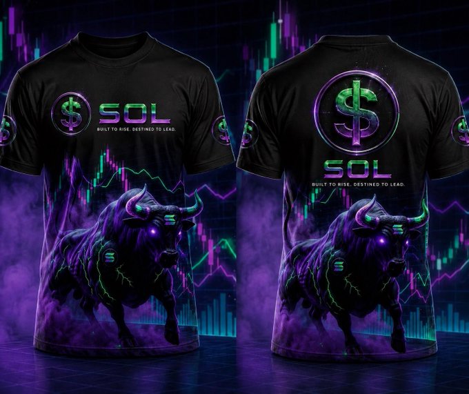 Front and back views of a black graphic t-shirt featuring a neon green and purple bull with 'SOL' and the tagline 'BUILT TO RISE. DESTINED TO LEAD.'