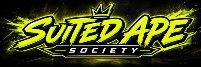 Logo text reading 'SUITED APE SOCIETY' in stylized neon yellow-green graffiti font with a crown symbol on a black background