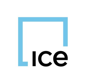 A minimalist logo featuring a light blue square frame with the lower-left corner broken, with the word 'Ice' written in black lowercase letters inside the frame.