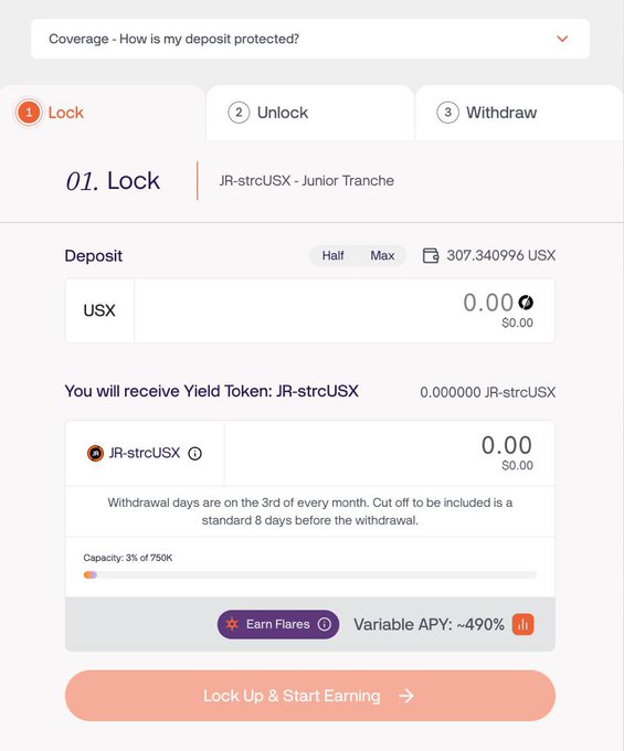 A cryptocurrency interface showing a 'Lock' step with options to deposit USX and receive JR-strcUSX yield tokens, displaying a Variable APY of ~490%.