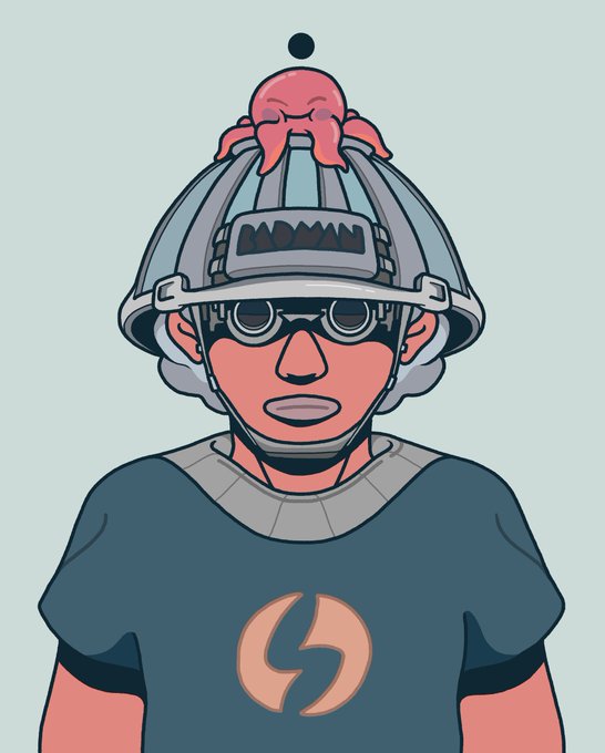 A cartoon illustration of a person wearing a grey helmet with goggles, a blue shirt with an orange logo, and a small pink octopus perched on top of the helmet.