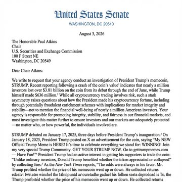 This image shows a letter from the United States Senate requesting an investigation into President Trump's memecoin, $TRUMP, citing losses for nearly a million investors. The letter relates to the post's theme of needing clear crypto regulations to prevent "rogue" enforcement actions.