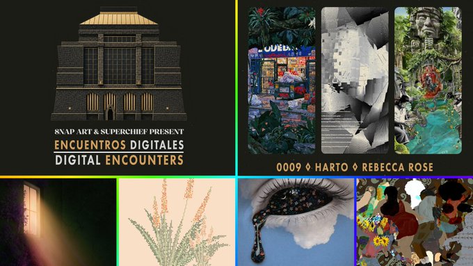 A promotional graphic for "Encuentros Digitales / Digital Encounters" presented by 8NAP Art & SuperChief, featuring a stylized pyramid illustration and a grid of digital artworks from artists 0009, Harto, and Rebecca Rose, alongside other vibrant digital art pieces. The collage showcases upcoming digital art drops referenced in the post's discussion of The Patron Age's weekly release calendar.