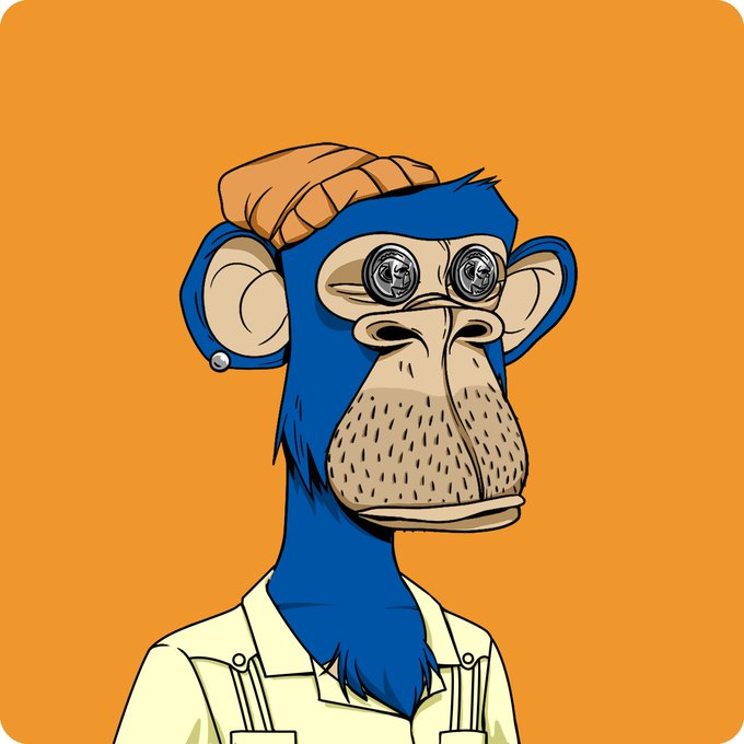 A digital illustration of a Bored Ape Yacht Club-style monkey with blue fur, wearing an orange beanie, with mechanical silver eyes, set against a solid orange background.