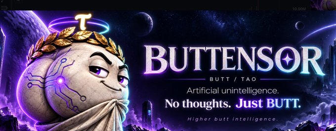 A promotional banner featuring a cartoonish, laurel-wreathed "Butt" mascot with a glowing circuit-patterned cheek, alongside text branding it as "BUTTENSOR – Artificial unintelligence. No thoughts. Just BUTT. Higher butt intelligence." The image humorously ties to the "$CTO  除了币价以外一切都好" (Everything is fine except the coin price) post, reflecting a satirical joke about a meme token project with a self-deprecating, absurdist tone.
