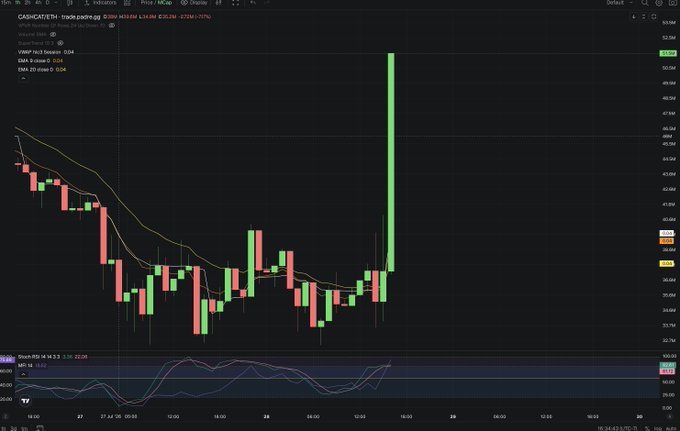 A financial candlestick chart for CASH/ALT/BTC trading pair showing a sharp upward spike, with volume data and Stochastic RSI indicators at the bottom.