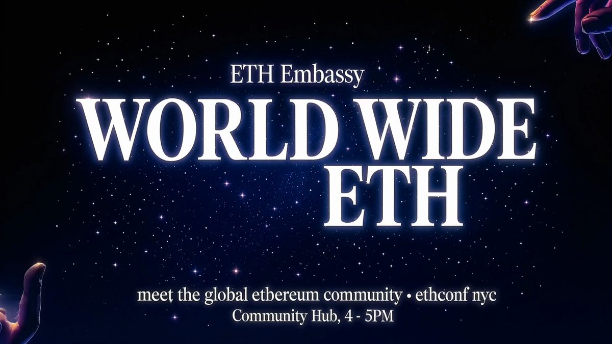 The image features a poster for an event called "World Wide Ether" that takes place at 4-5 PM. The poster includes text about the global ether community and mentions that attendees should bring their friends from the Ethereum community. There are also two hands pointing towards the poster, possibly indicating the direction of the event or the location where it is being held.